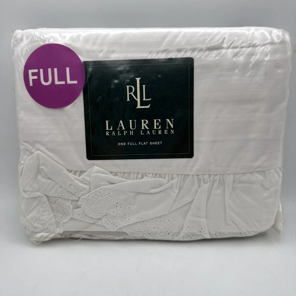 Ralph Lauren FULL Flat Sheet BROMLEY White Floral Embroidered Lace Ruffle Eyelet